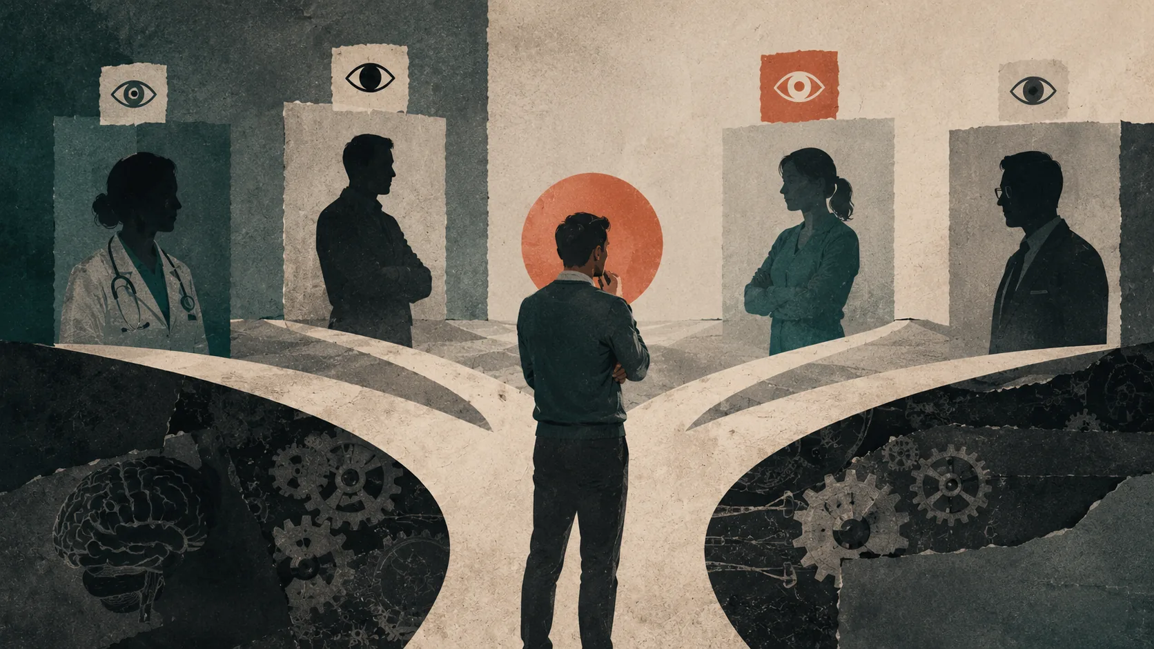 고객이 판단 과정을 볼 수 없는 여러 전문직 가운데 한 사람을 선택하는 모습